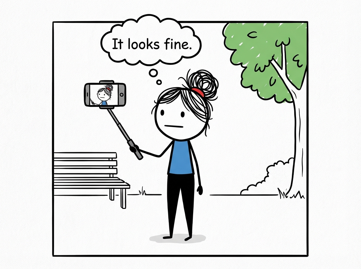 A woman stick figure taking a selfie and looking at the screen with a neutral expression -- it looks fine, normal, just her