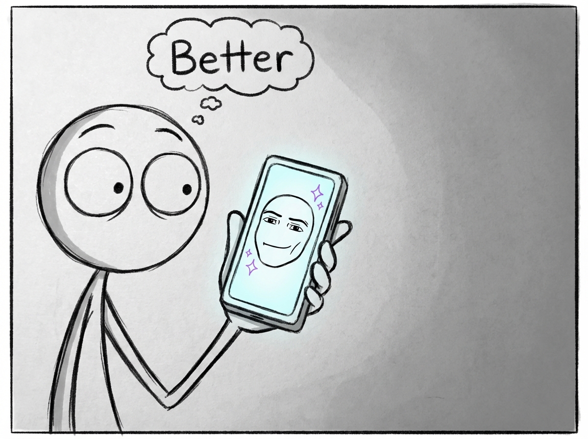 The same figure applying a beauty filter, the screen showing a smoothed, sharpened version of her face with sparkles, her eyes widening with a thought bubble reading 'Better'
