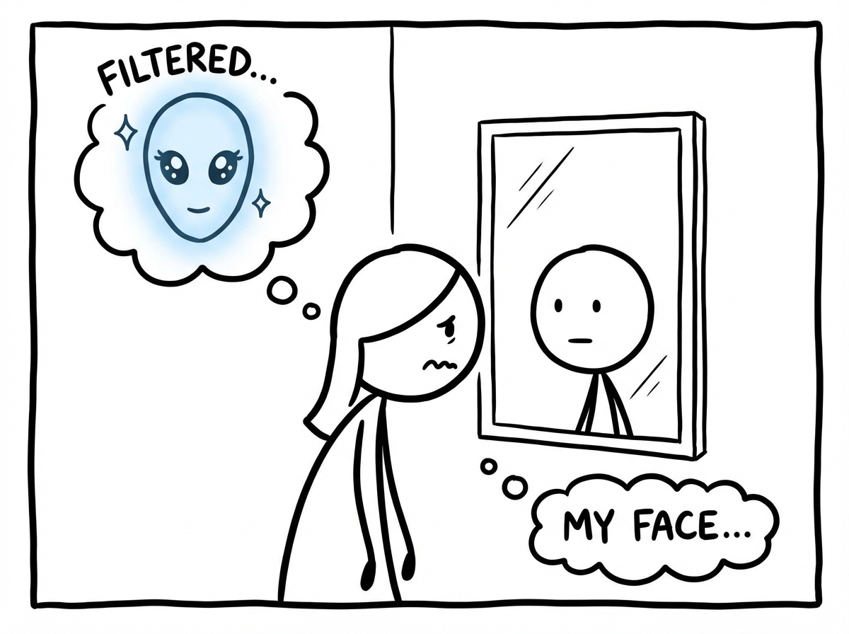 The woman looking at herself in a real mirror with a disappointed, deflated expression -- her real face now feels wrong compared to the filtered version she just saw