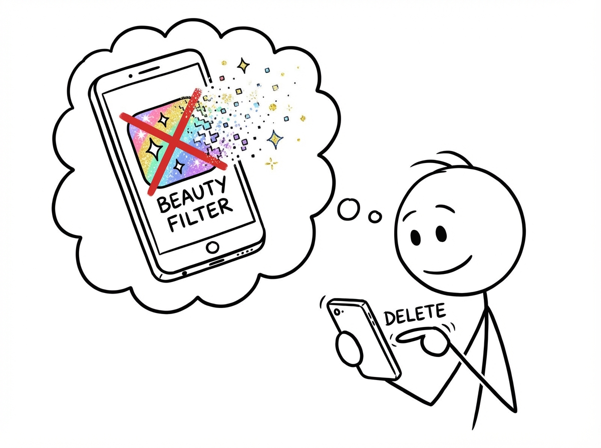 A stick figure deleting a beauty filter app from their phone, the sparkly filter icon dissolving