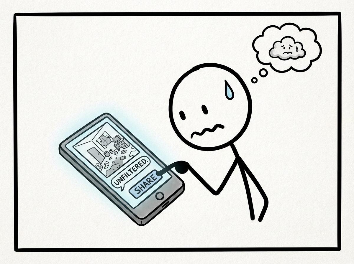 The stick figure posting an unfiltered photo, looking slightly nervous but pressing 'share' anyway