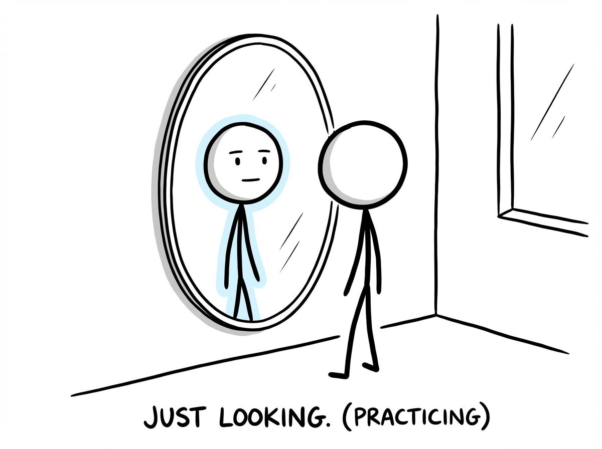 The stick figure spending time looking at their reflection calmly, no phone in hand, just practicing seeing their real face without judgment