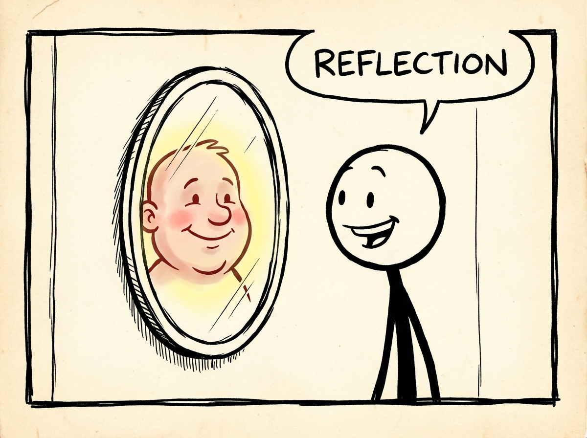 The stick figure smiling at their reflection in the mirror, phone nowhere in sight, the mirror showing a warm, unfiltered face