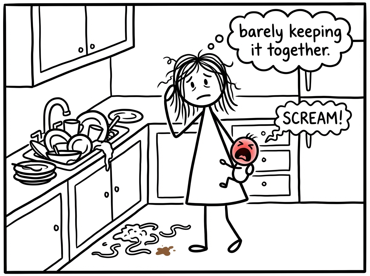 A mom stick figure in a messy kitchen -- dishes in the sink, food on the floor -- holding a screaming child on one hip while barely keeping it together