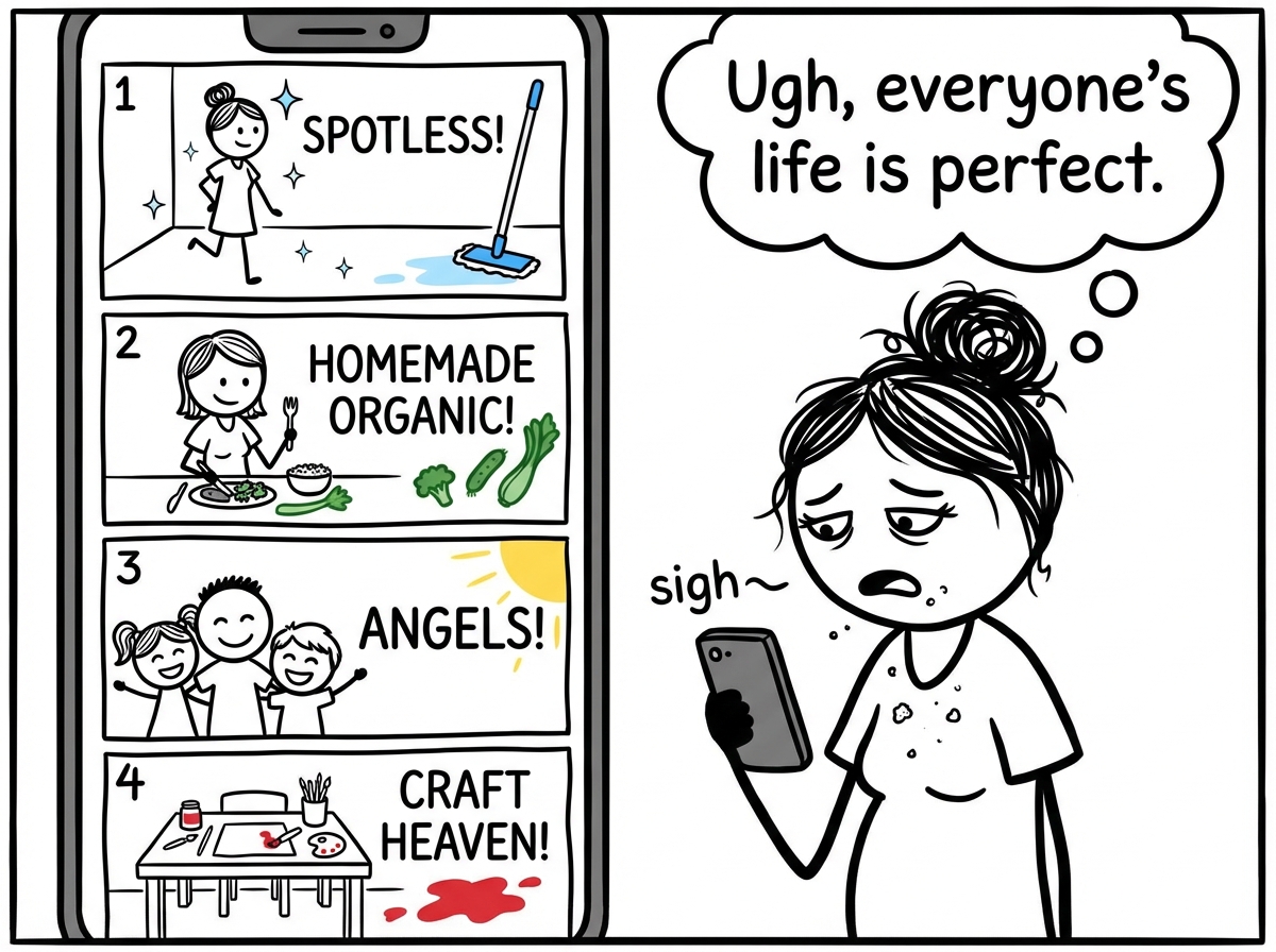The mom opening Instagram and scrolling past posts of other moms with spotless homes, homemade organic meals, smiling children, and organized craft stations