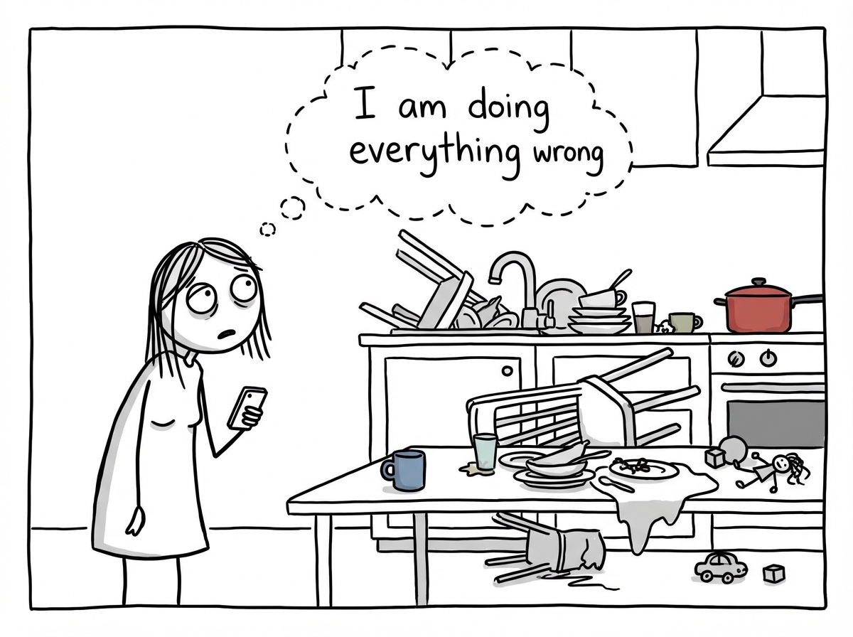 The mom looking up from the phone at her own chaotic kitchen, shoulders slumped, a thought bubble reading 'I am doing everything wrong'