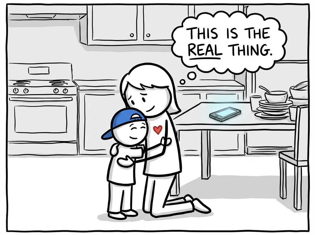 The mom closing the app and hugging her child tightly in the messy kitchen, both of them calm, a thought bubble reading 'This is the real thing'