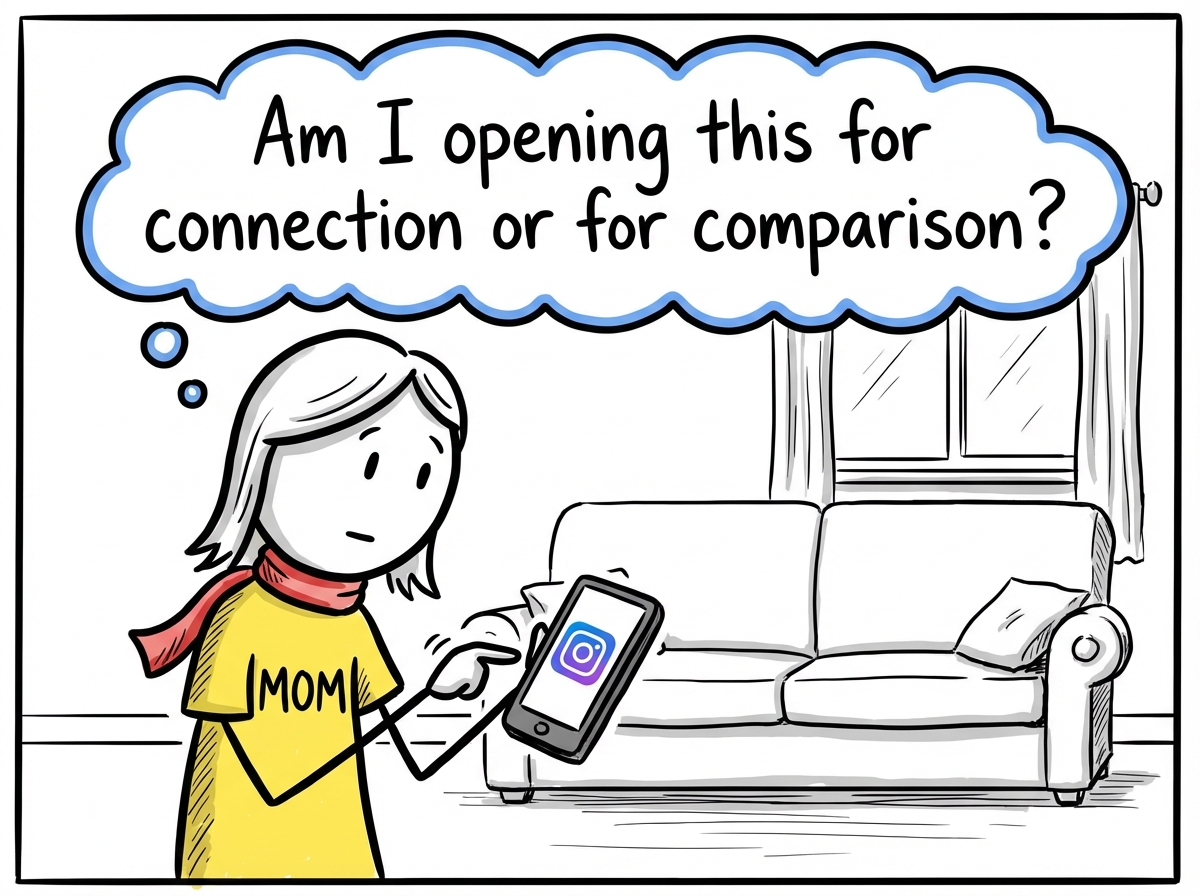 A stick figure mom about to open Instagram, pausing with a thought bubble asking 'Am I opening this for connection or for comparison?'