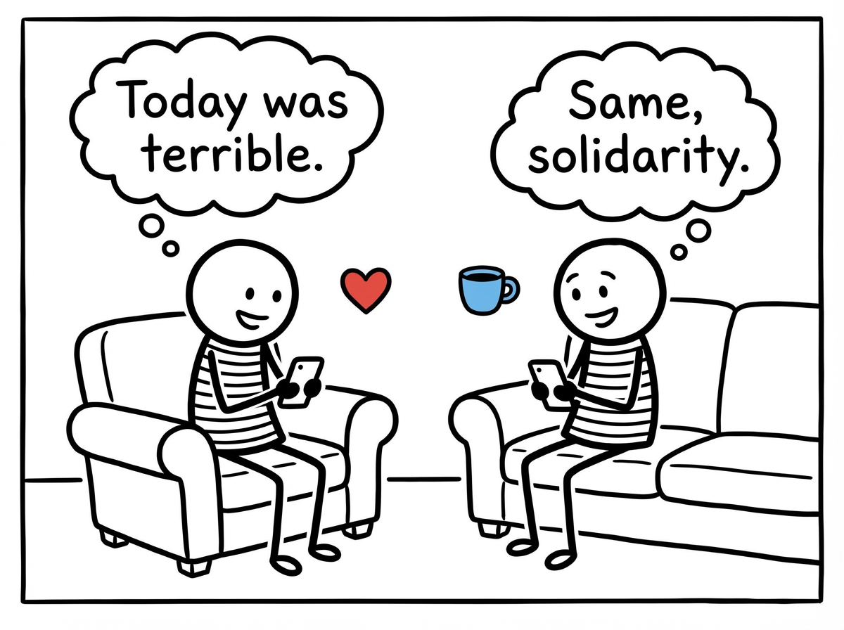 Two mom stick figures texting each other honest messages like 'Today was terrible' and 'Same, solidarity,' both smiling at the real connection