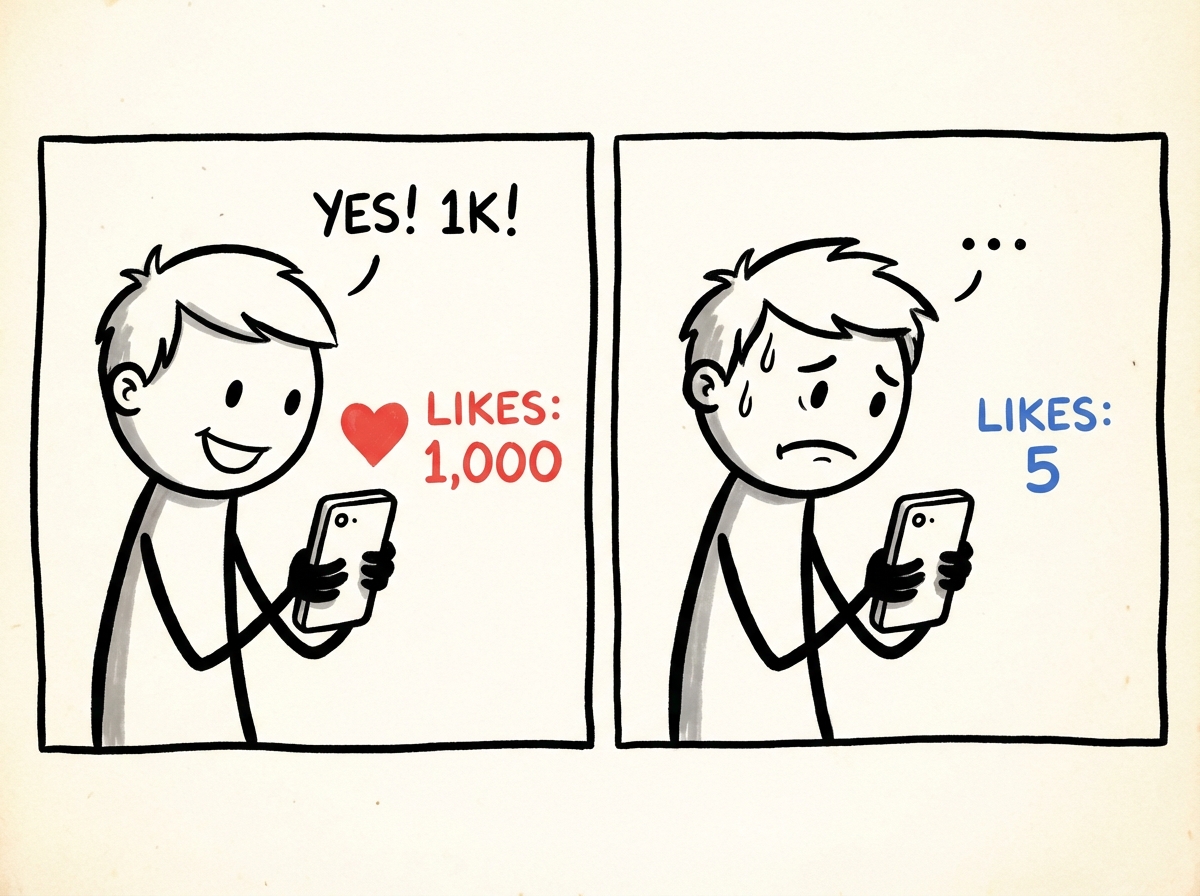 A young stick figure looking at their phone where a like counter displays a number, their facial expression changing from happy to anxious as the number drops