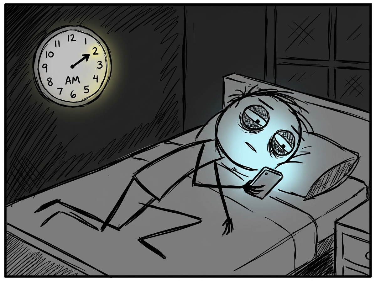 A stick figure teenager lying in bed at night, face illuminated by a phone screen, a clock on the wall showing 2 AM and dark circles under their eyes