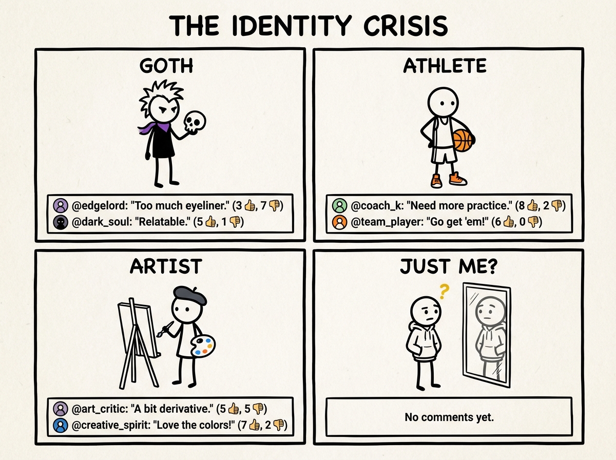 A stick figure teenager trying on different identities like costumes -- goth, athlete, artist -- but each one has a comment section beneath it with thumbs up and thumbs down