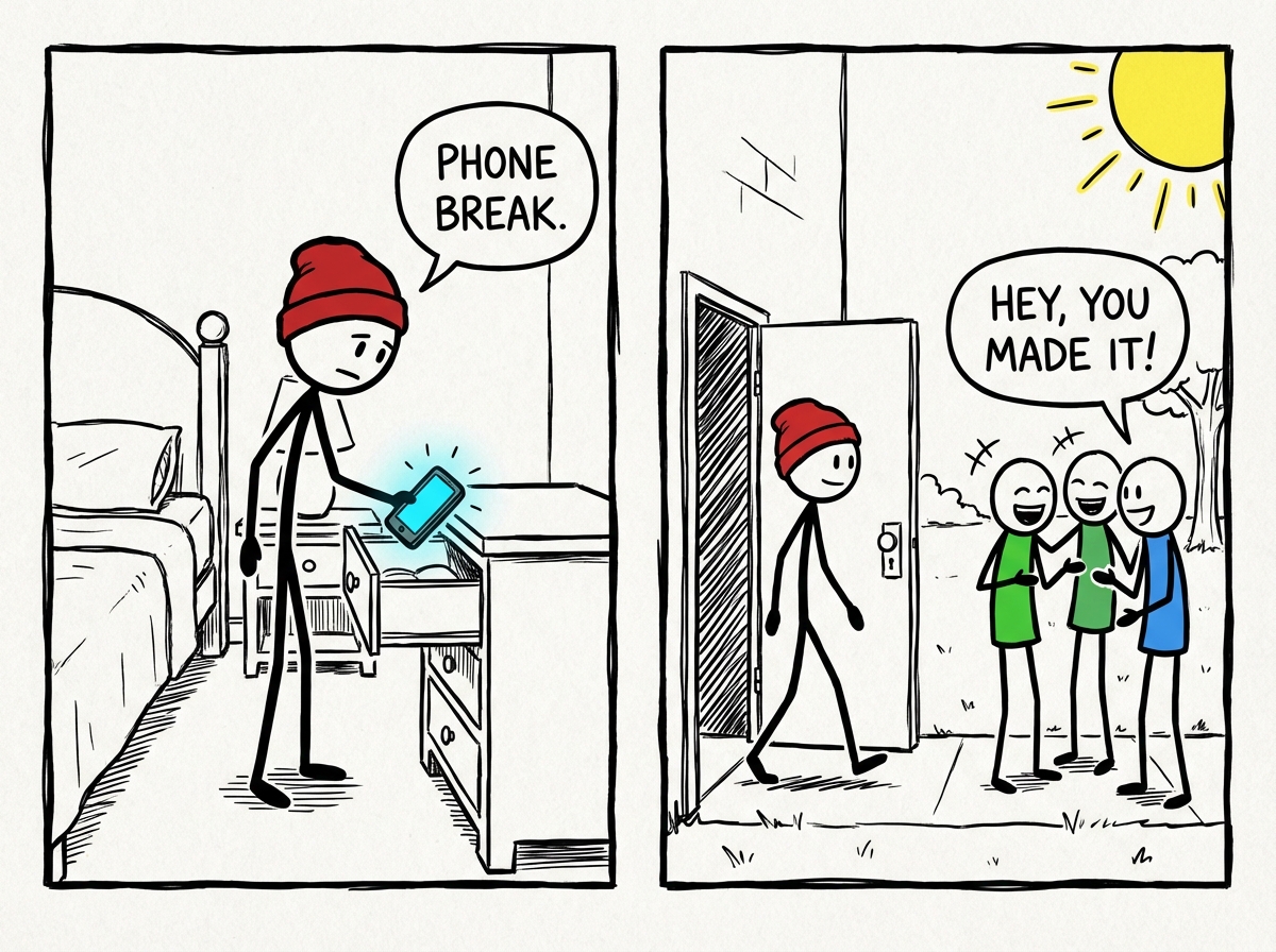 A stick figure teenager putting their phone in a drawer and walking outside where other teenagers are talking and laughing together in person