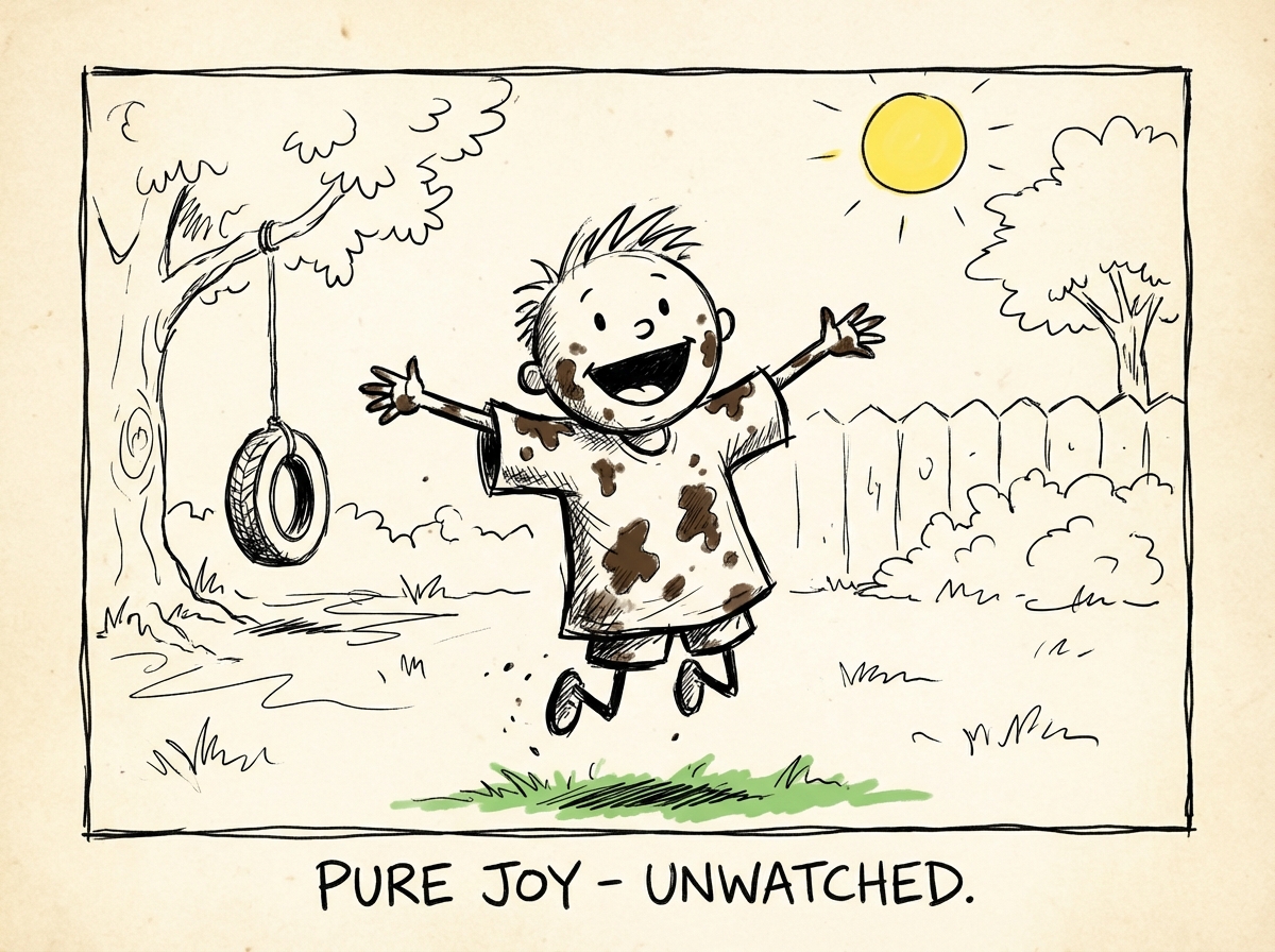 A small stick figure child playing freely in a yard, covered in dirt, laughing, arms out wide -- no one watching, pure joy