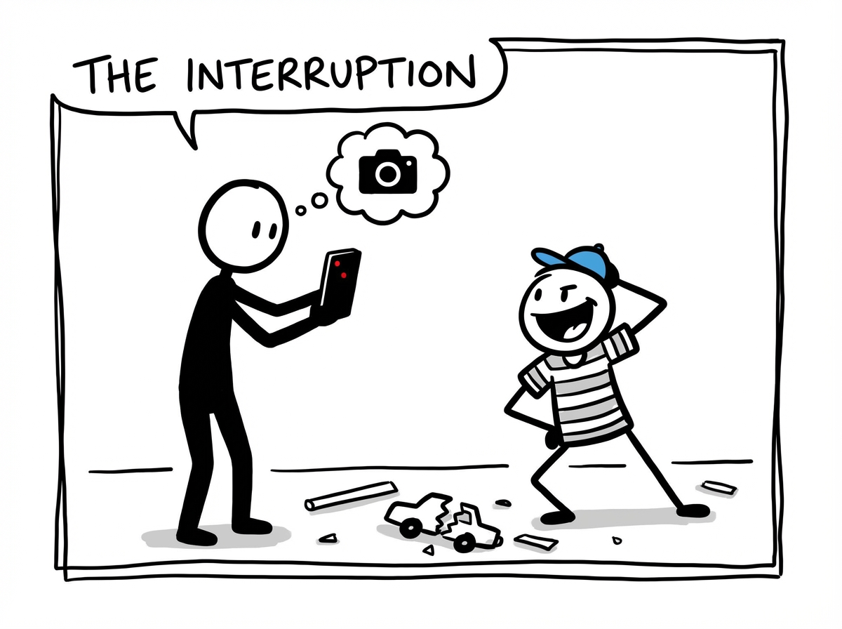 An adult stick figure pulling out a phone to record, the child noticing and immediately striking a pose with a big smile, the spontaneous play interrupted