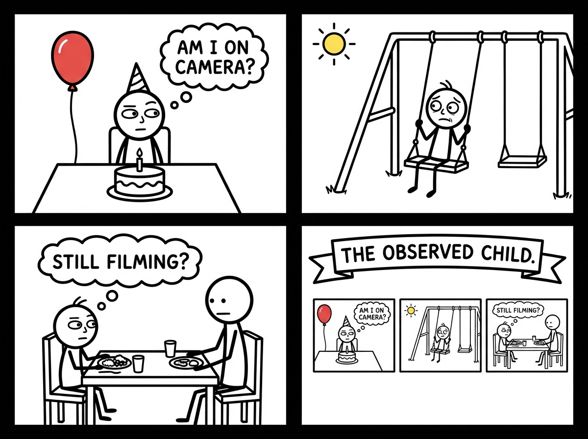 A montage of the child in different settings -- birthday party, playground, dinner table -- in each one glancing sideways to check if someone is filming, posture stiff and camera-aware