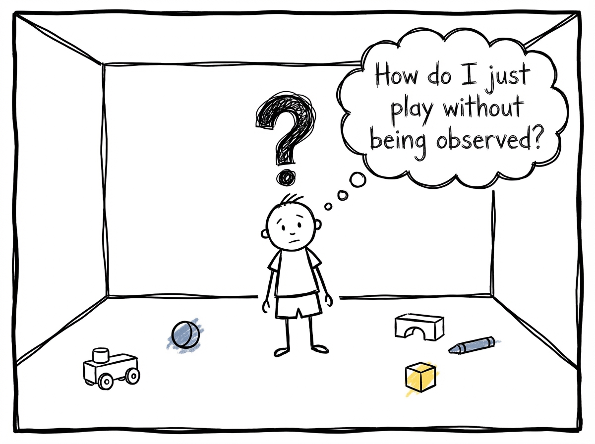 The child alone in a room with no camera and no audience, standing still with a confused expression, unsure how to just play without being observed