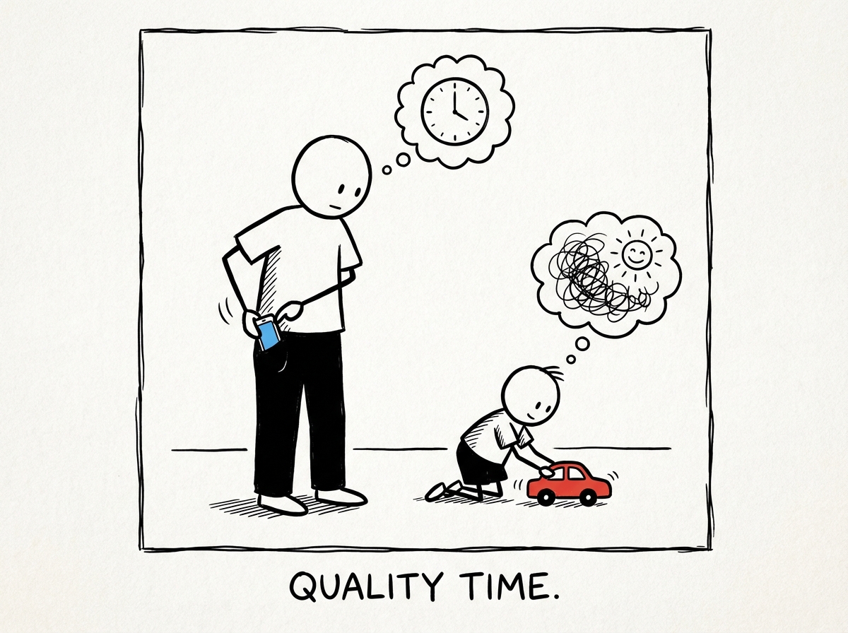 An adult stick figure putting their phone in a pocket while a child plays nearby, the child unaware and fully absorbed