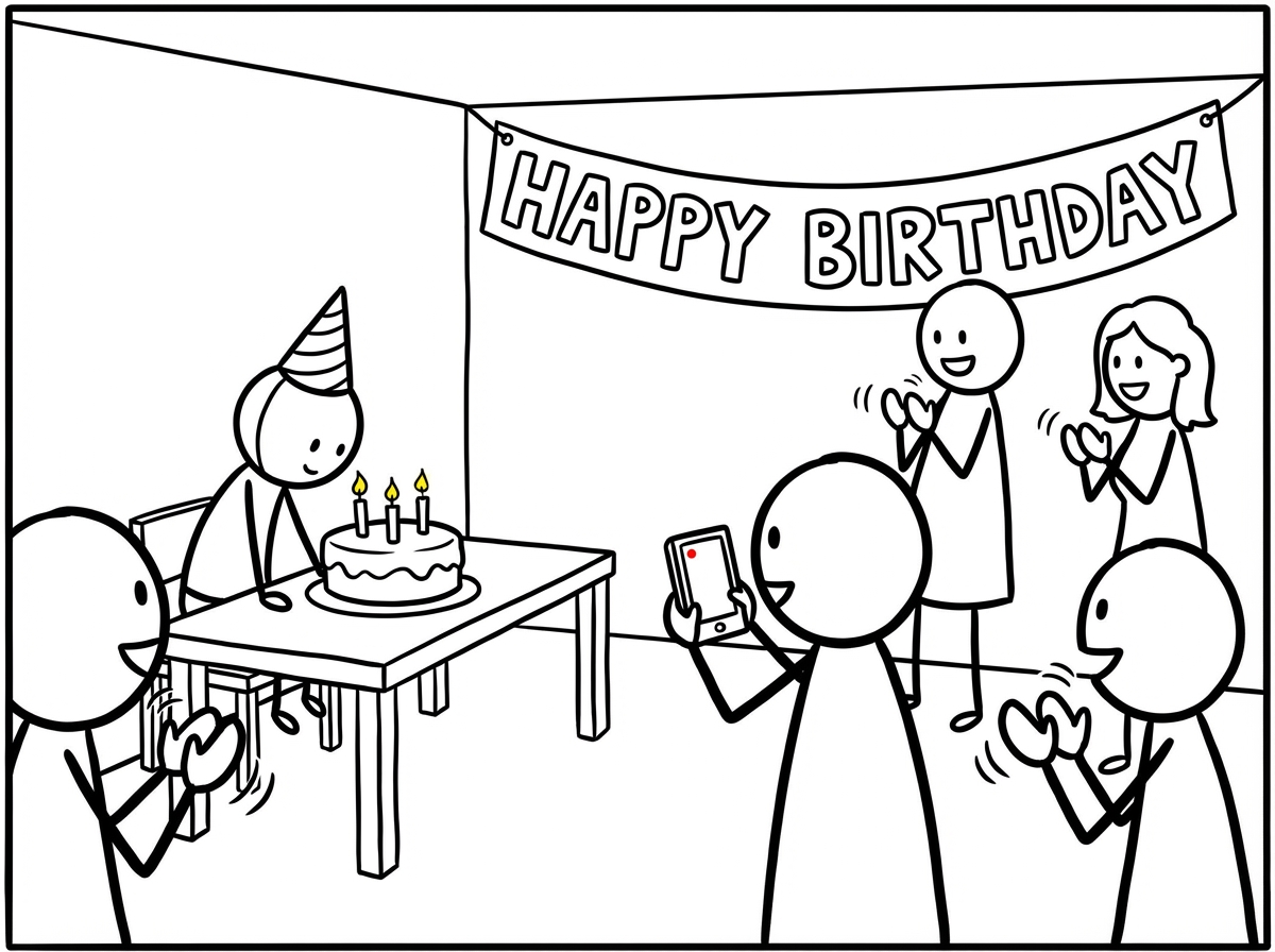 A birthday scene with one phone out instead of five, the child blowing out candles while most adults are just watching and clapping
