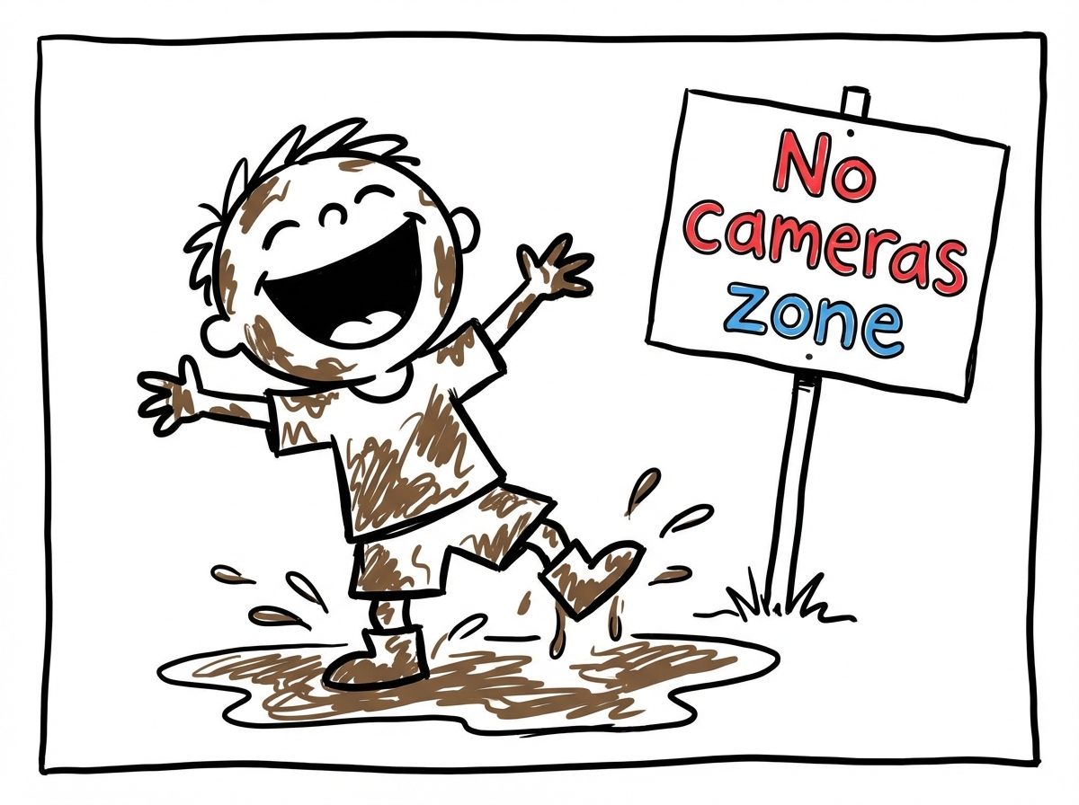 A child playing in mud, messy and laughing, with a sign nearby reading 'No cameras zone' in playful letters