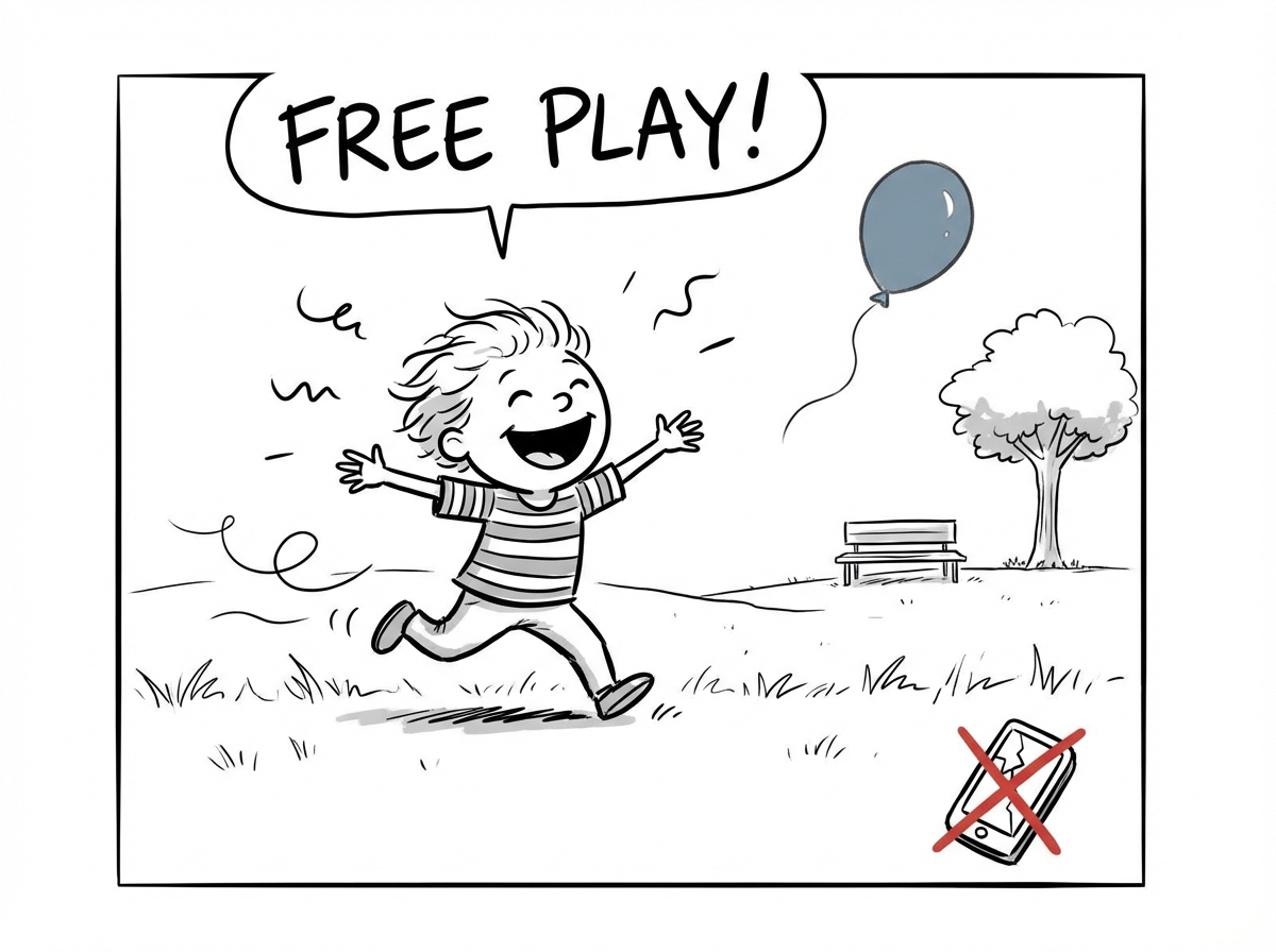 The child running freely again with no phone in sight, arms out, fully absorbed in play -- the way it is supposed to be