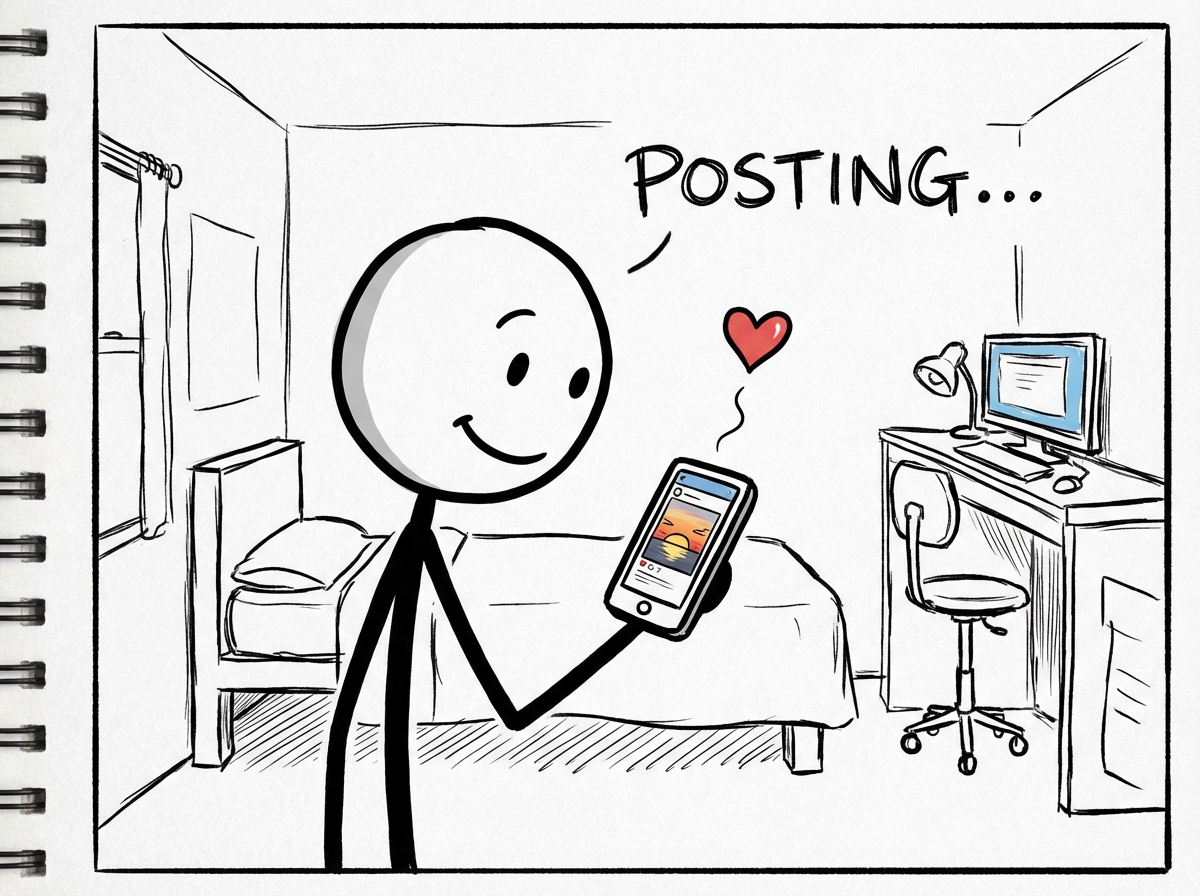 A teen stick figure posting a photo on their phone with a hopeful smile, a small heart icon floating upward from the screen