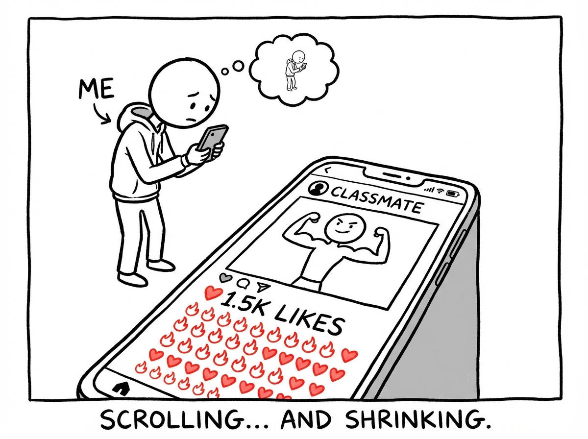The teen scrolling past a classmate's post showing hundreds of likes and fire emojis, the teen shrinking in size as the classmate's post towers over them