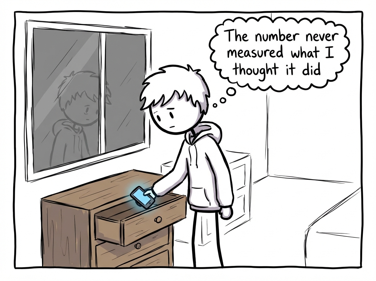 The teen putting the phone away in a drawer, looking at their reflection in a window, a thought bubble reading 'The number never measured what I thought it did'