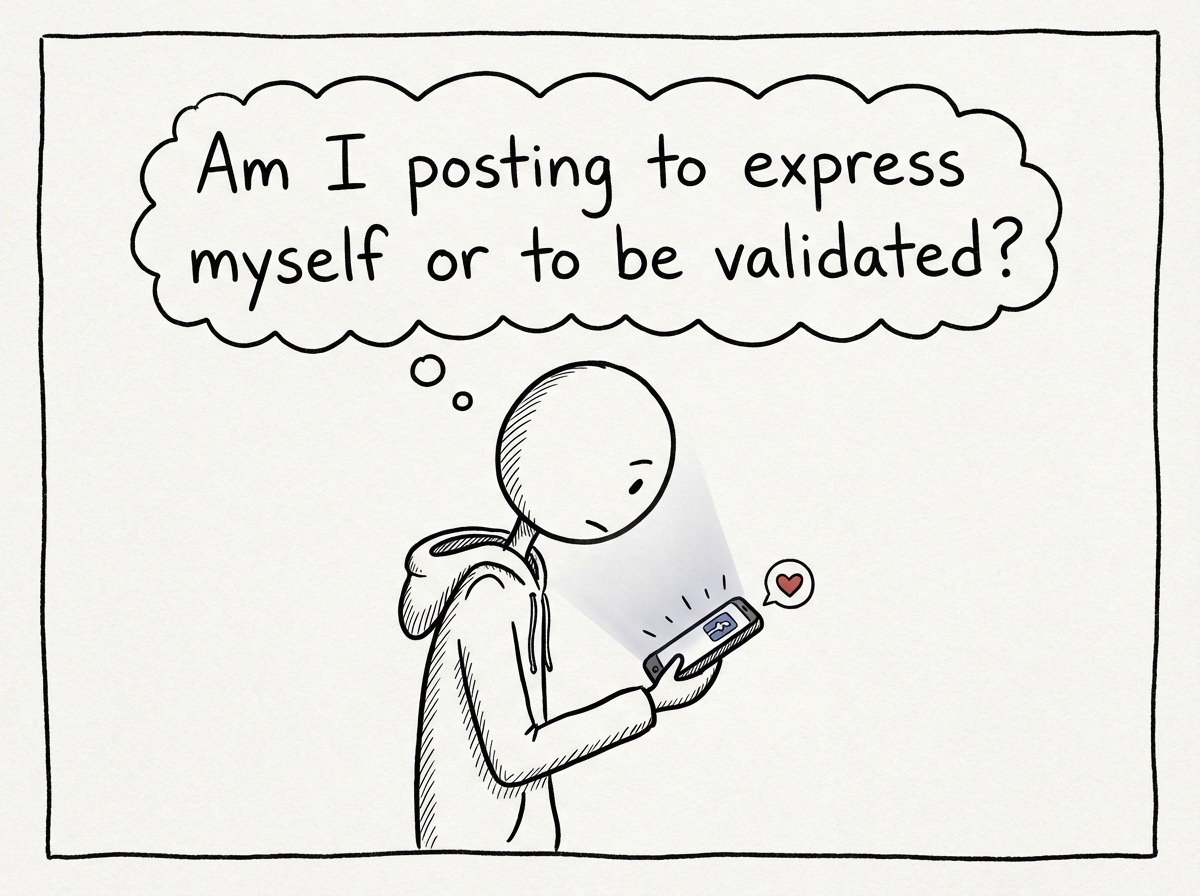 A teen stick figure looking at their phone with a thought bubble asking 'Am I posting to express myself or to be validated?'