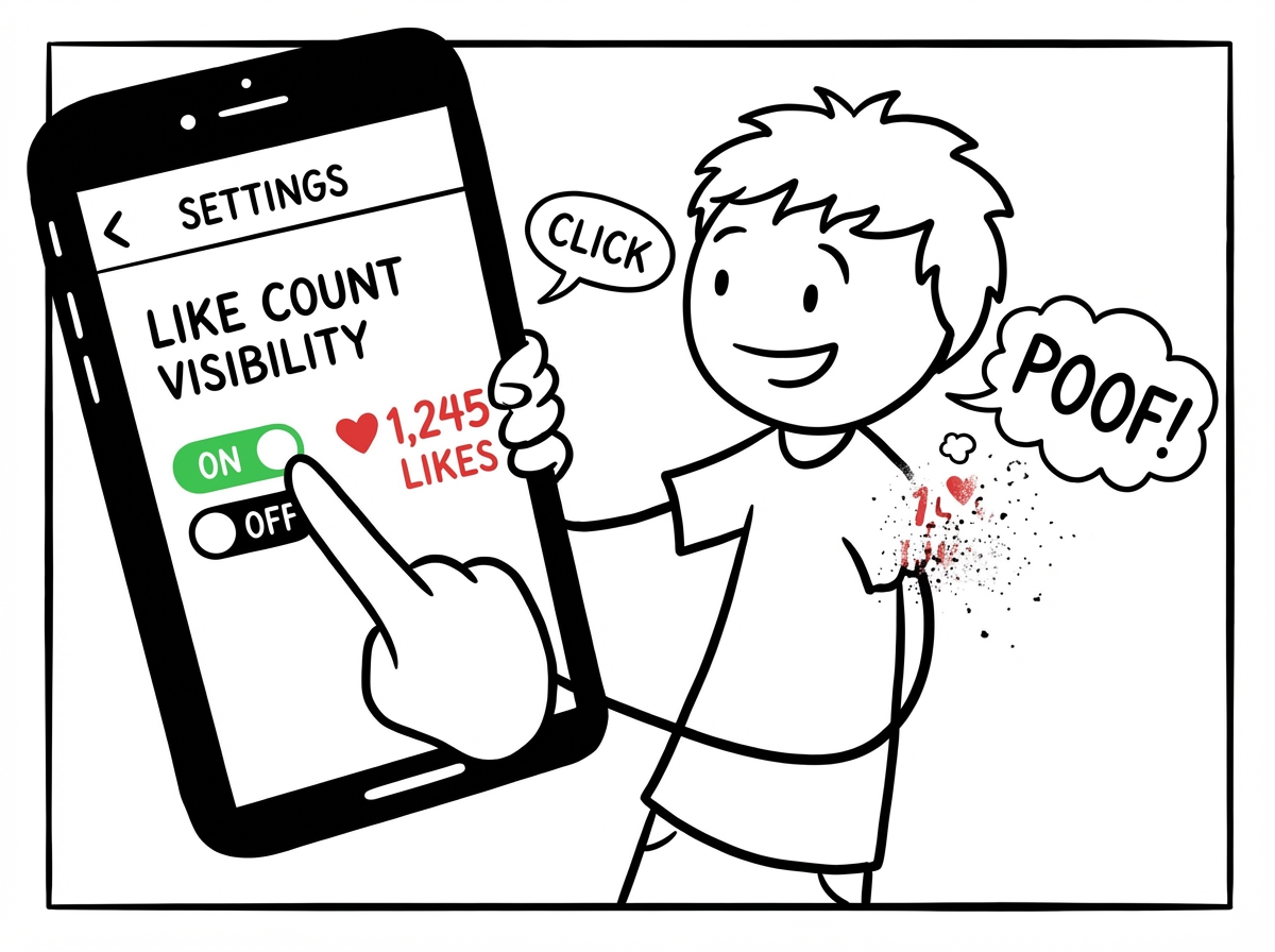 The teen turning off like count visibility in their settings, the number disappearing from the screen