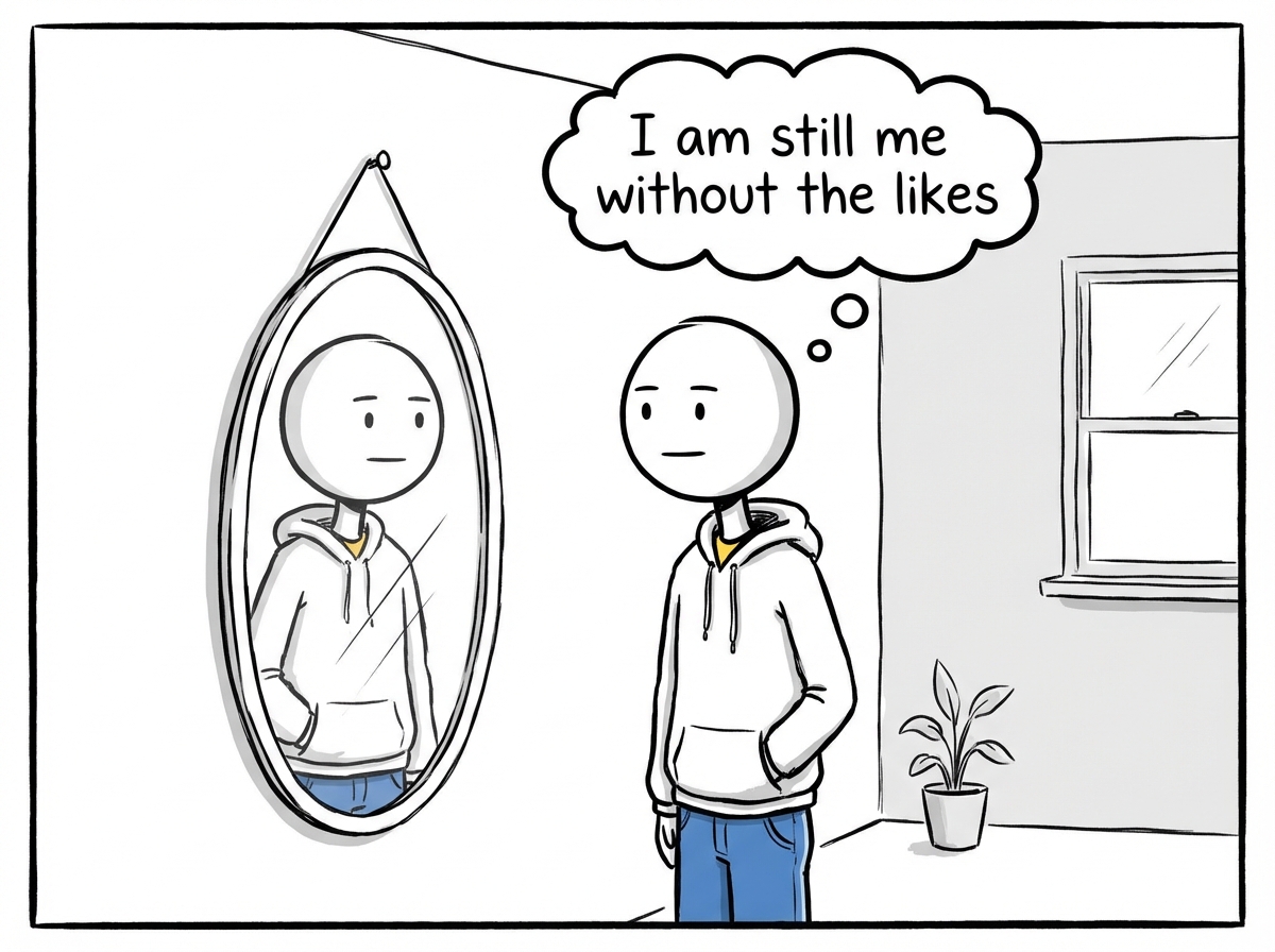 The teen looking at their reflection with a calm expression, no phone in hand, a thought bubble reading 'I am still me without the likes'