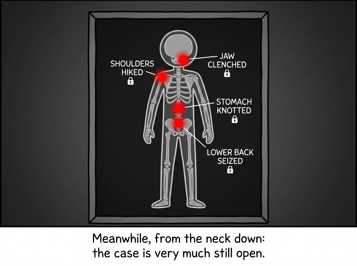A full-body X-ray view of the same stick figure showing glowing red areas: shoulders hiked up, jaw clenched, stomach knotted, lower back seized -- each labeled with a tiny padlock