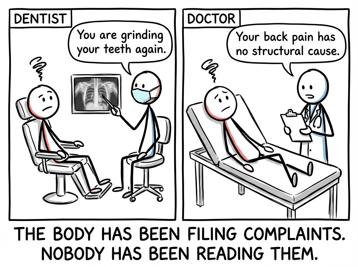 The stick figure at the dentist being told 'You are grinding your teeth again' and at the doctor being told 'Your back pain has no structural cause' -- looking confused both times