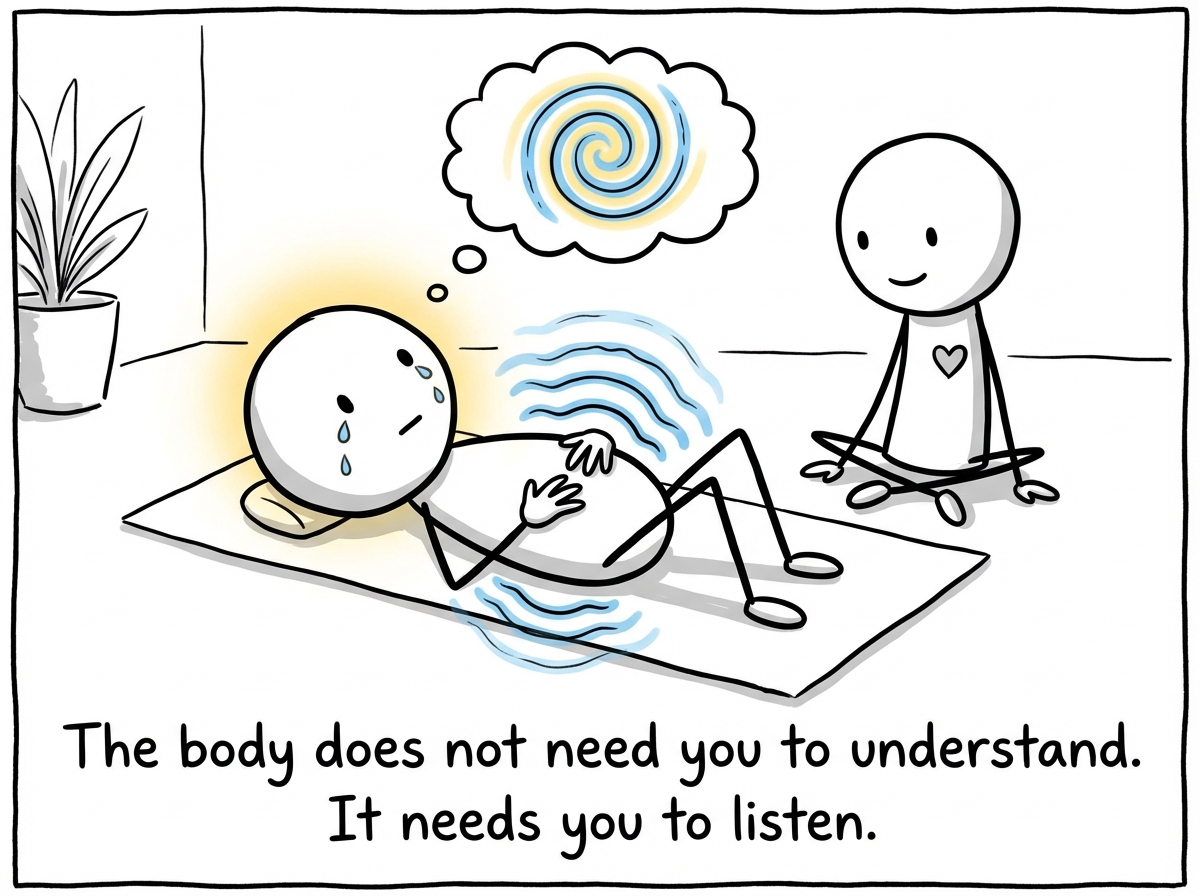 The stick figure in a somatic session, hands on their stomach, feeling a wave of sensation move through their body while tears fall -- not from sadness but from release