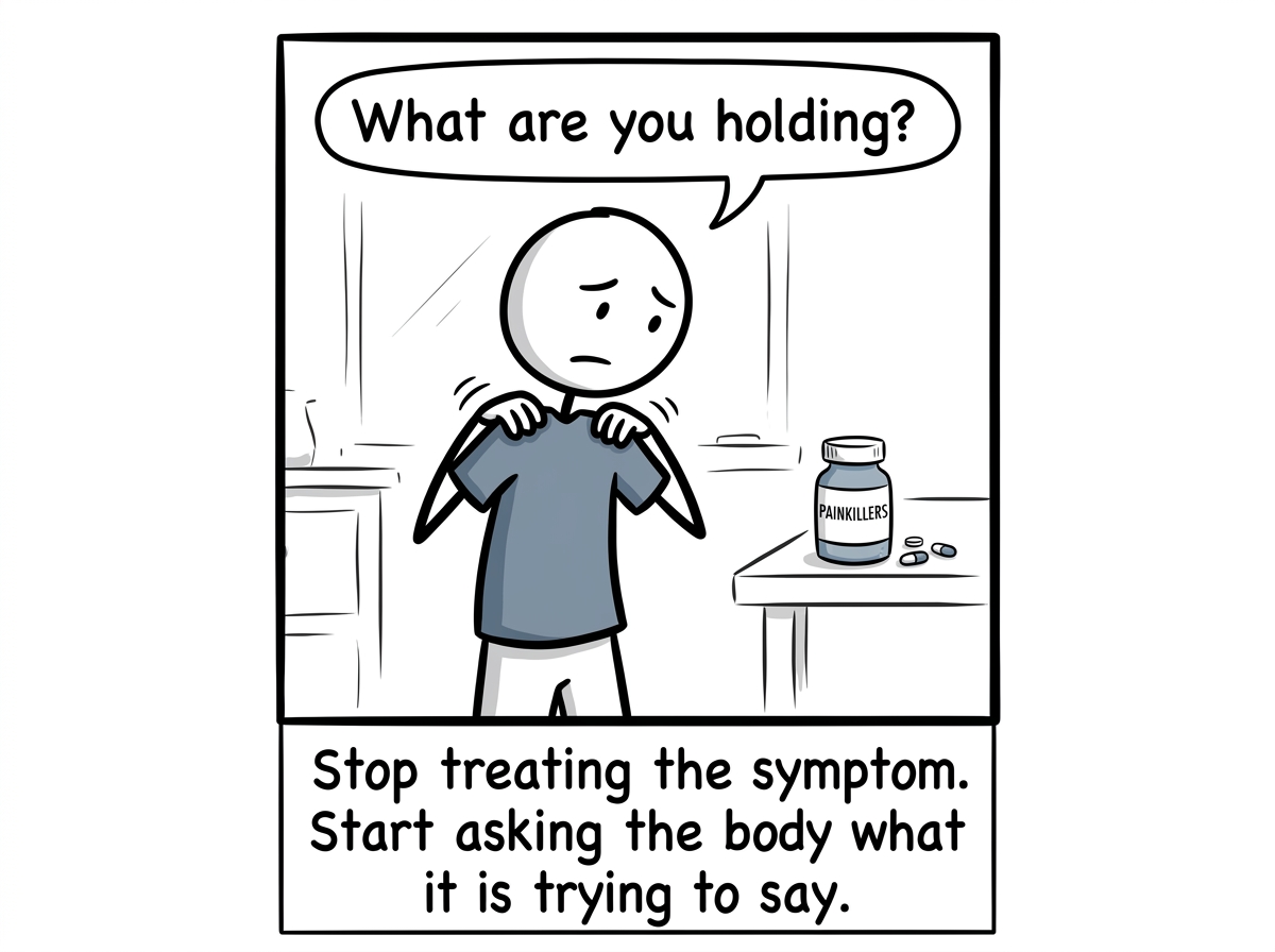 A stick figure placing their hands on their tense shoulders and asking 'What are you holding?' instead of just taking another painkiller