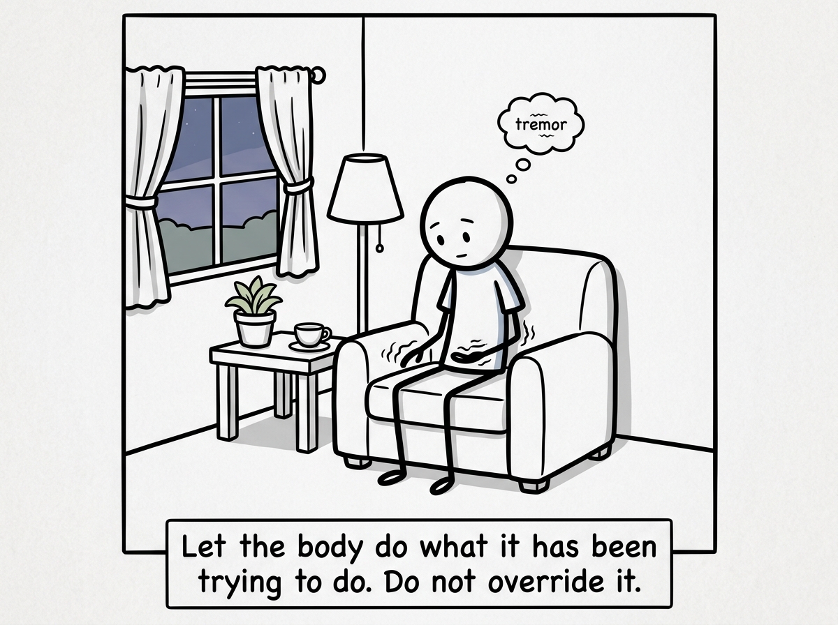 The stick figure in a safe setting, noticing a tremor in their hands and choosing to let it happen instead of suppressing it