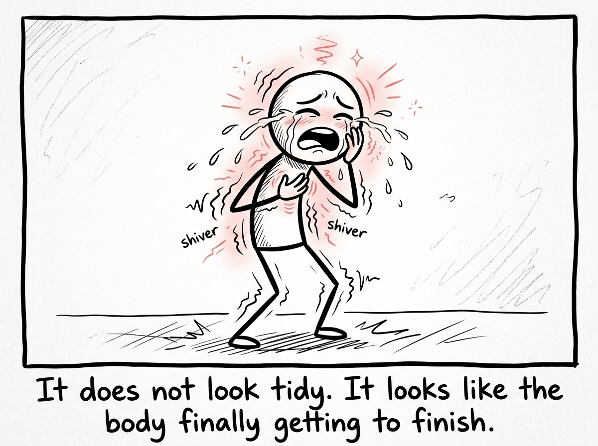 The stick figure feeling a wave of release -- heat, tears, tingling -- as stored tension begins to move through and out