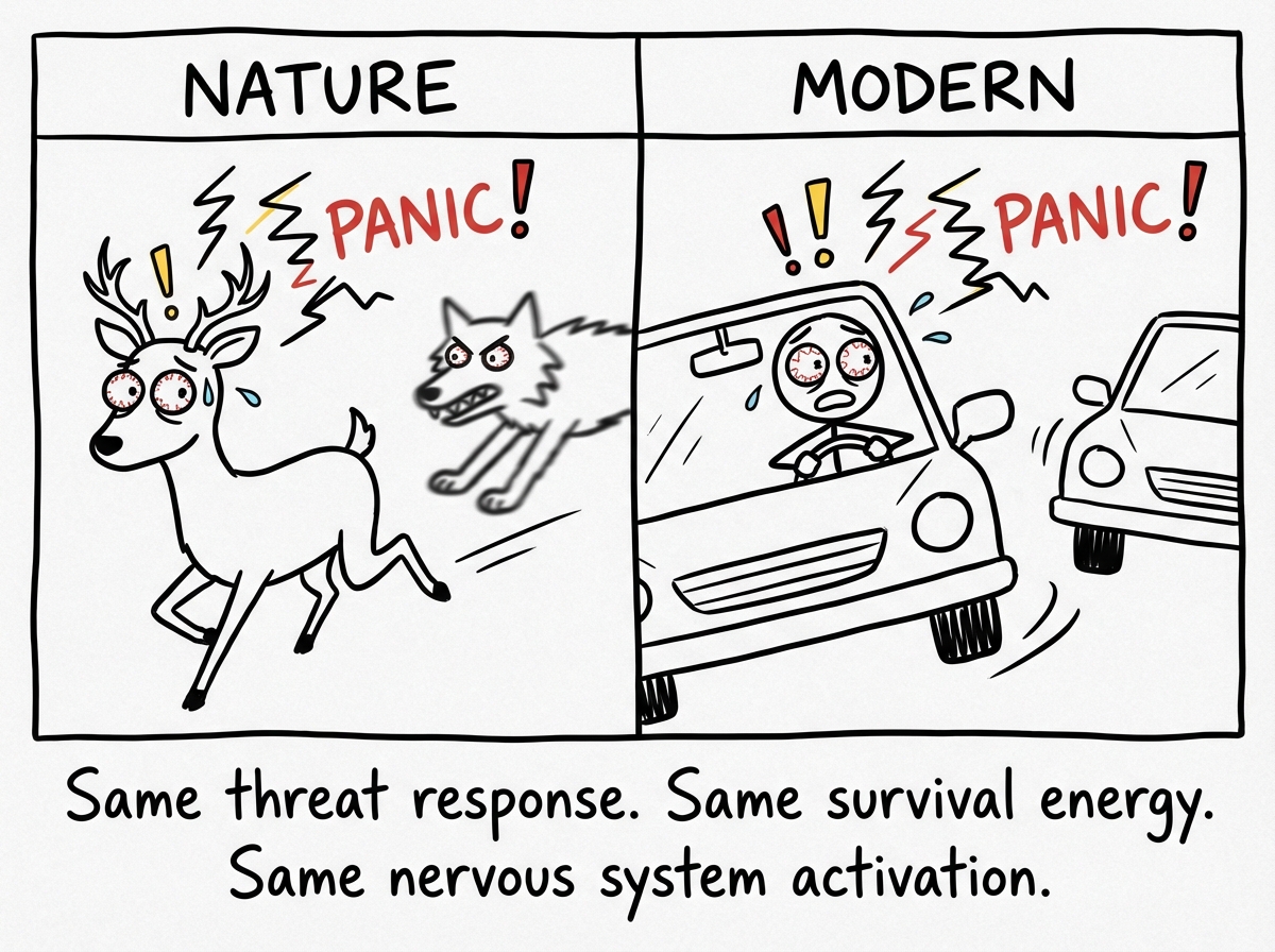 A split panel: on the left, a deer running from a predator; on the right, a stick figure swerving to avoid a car accident. Both have identical panic expressions and stress indicators