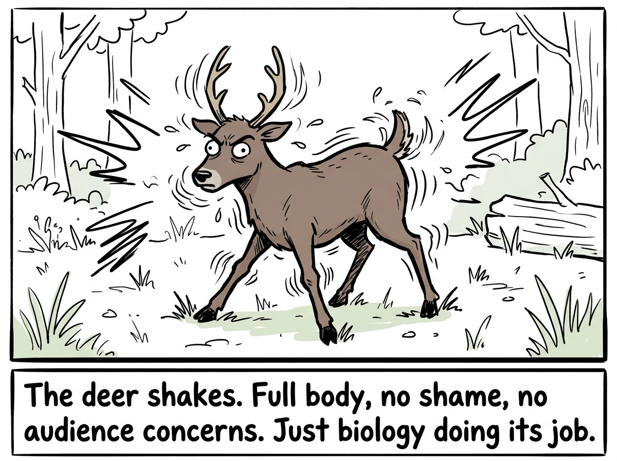 The deer standing in a clearing, shaking violently from head to tail with motion lines everywhere, looking wild but purposeful