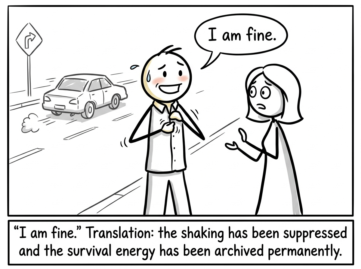 The stick figure standing at the side of the road after the near-miss, hands trembling slightly, but actively suppressing it -- straightening their shirt, forcing a smile, and saying 'I am fine' to a bystander