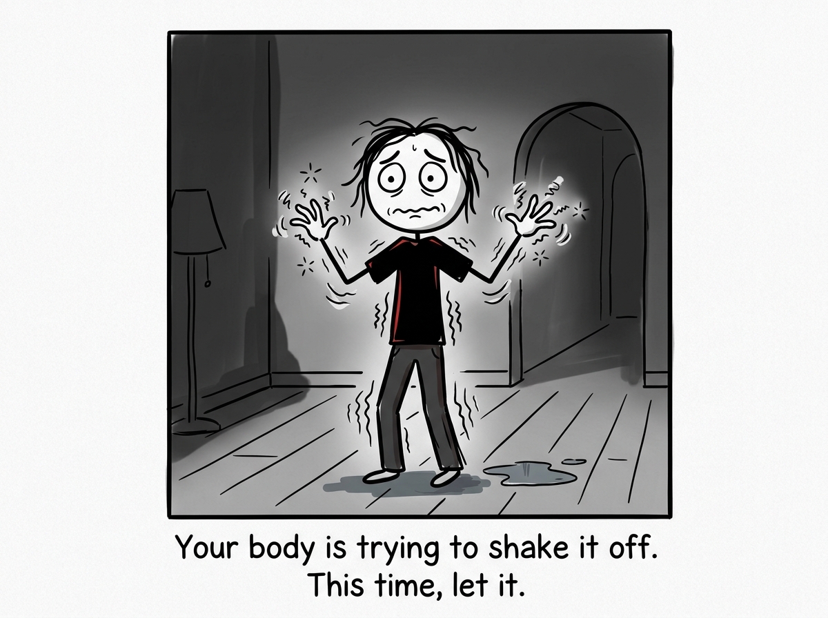 A stick figure after a scary experience, hands trembling, and instead of suppressing the shaking, letting it happen