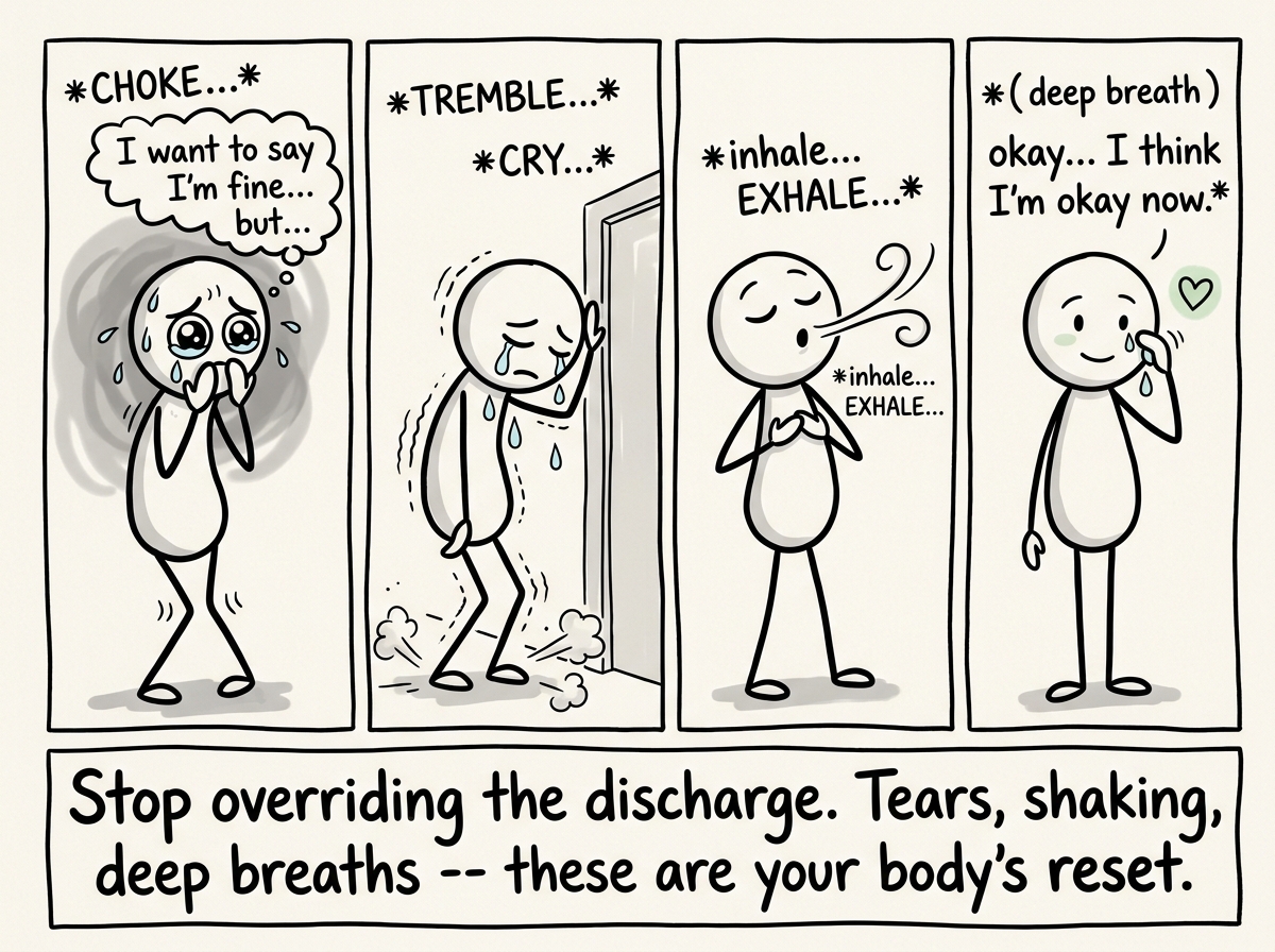 The stick figure allowing themselves to cry, tremble, or move after a stressful event instead of immediately saying 'I am fine'