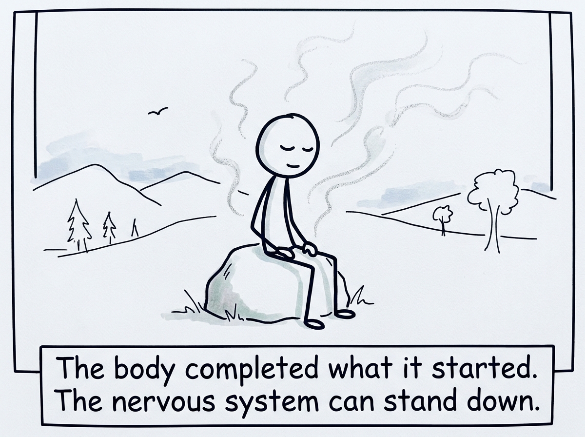 The stick figure sitting quietly after the release, feeling calmer, with the survival energy visibly dissipated