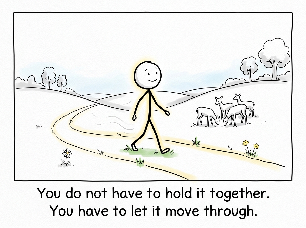 The stick figure walking forward lightly, like the deer grazing peacefully, having actually processed the experience instead of storing it