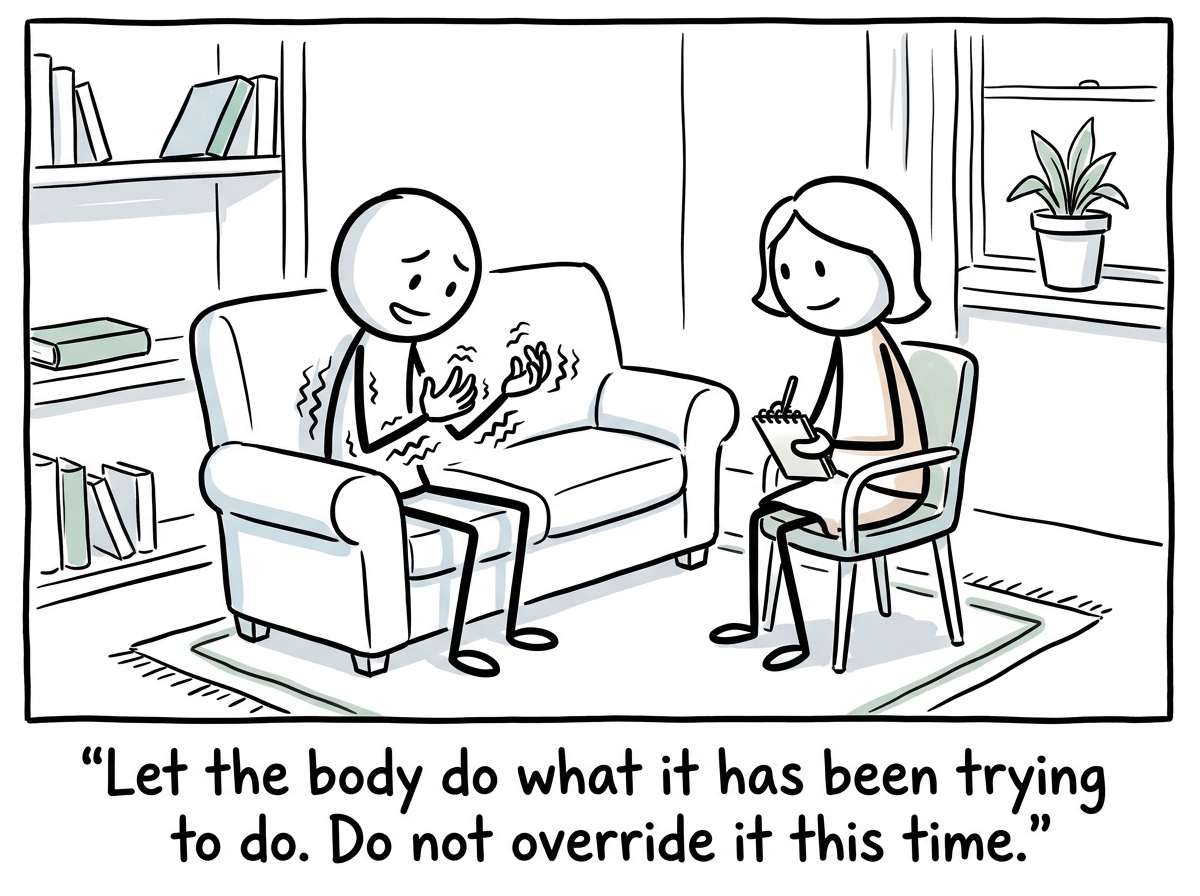 The stick figure in a safe space, allowing a tremor in their hands to happen instead of suppressing it, with a therapist nearby