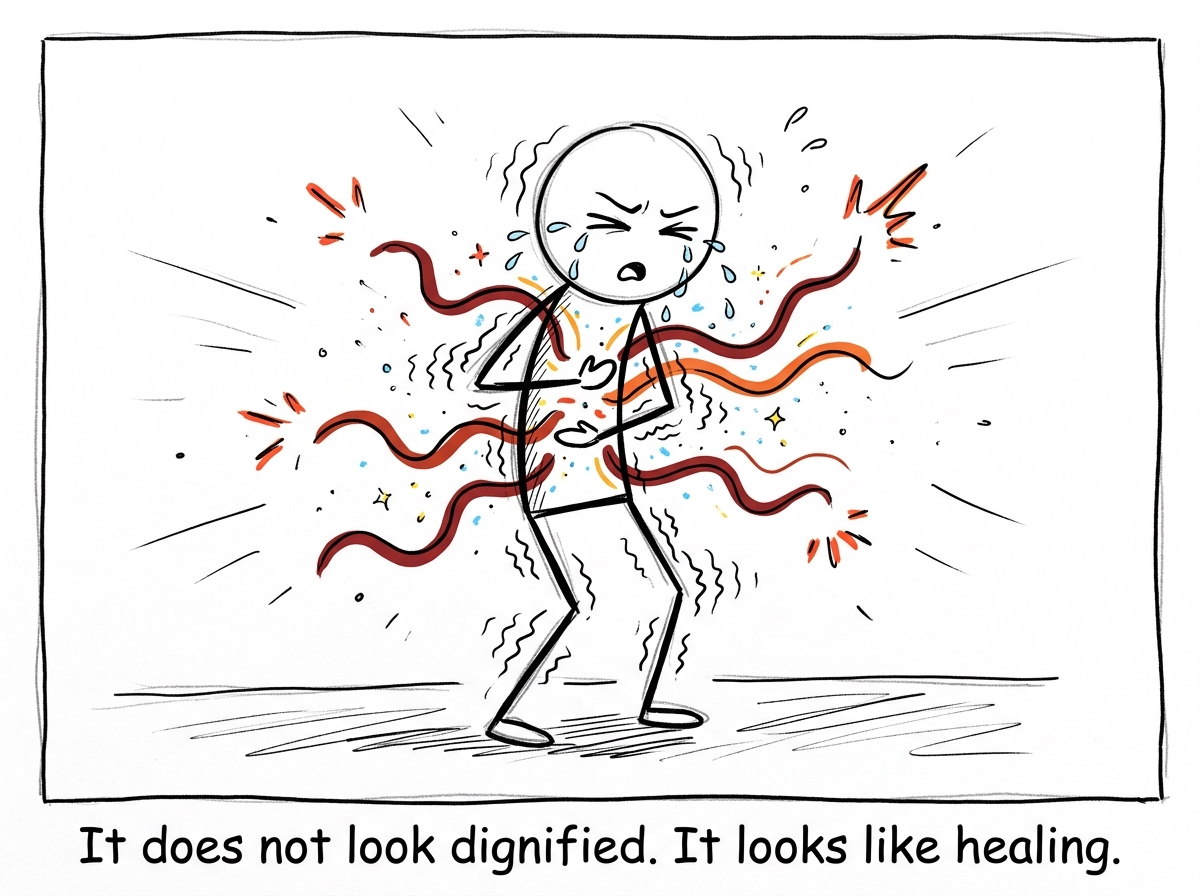 The stick figure feeling a wave of sensation move through their body -- heat, tingling, tears -- as stored survival energy begins to release