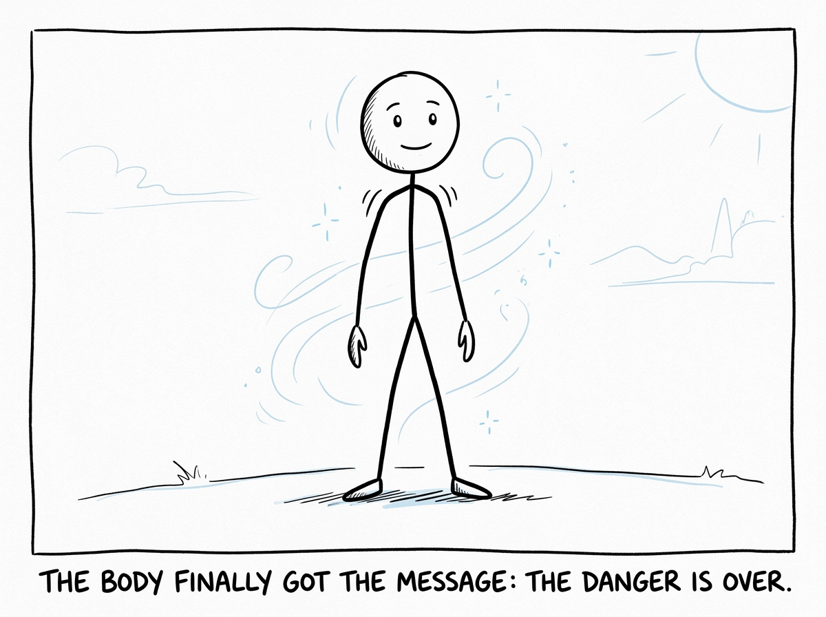The stick figure standing taller, shoulders dropped, jaw relaxed, with a sense of lightness where the tension used to live