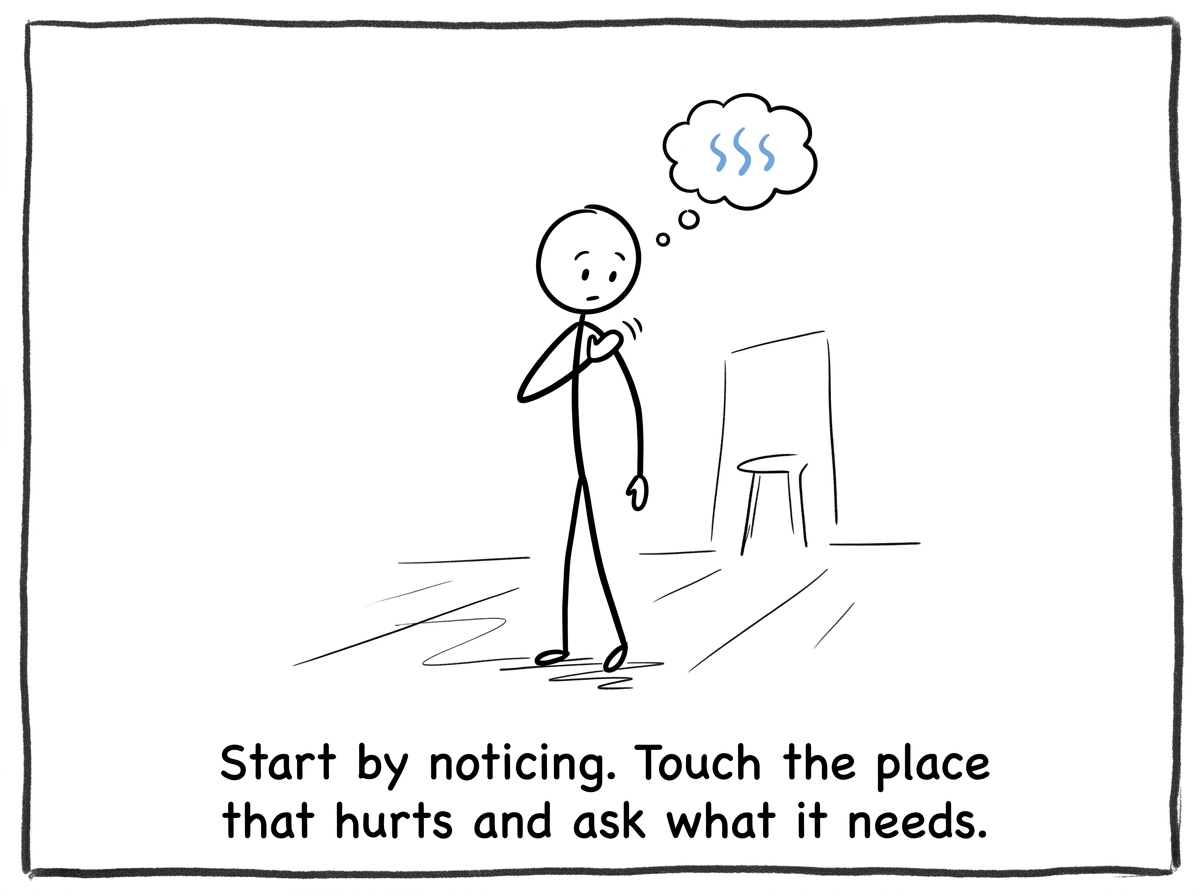 A stick figure pausing to notice tension in their shoulders, placing a hand there with curiosity instead of frustration.