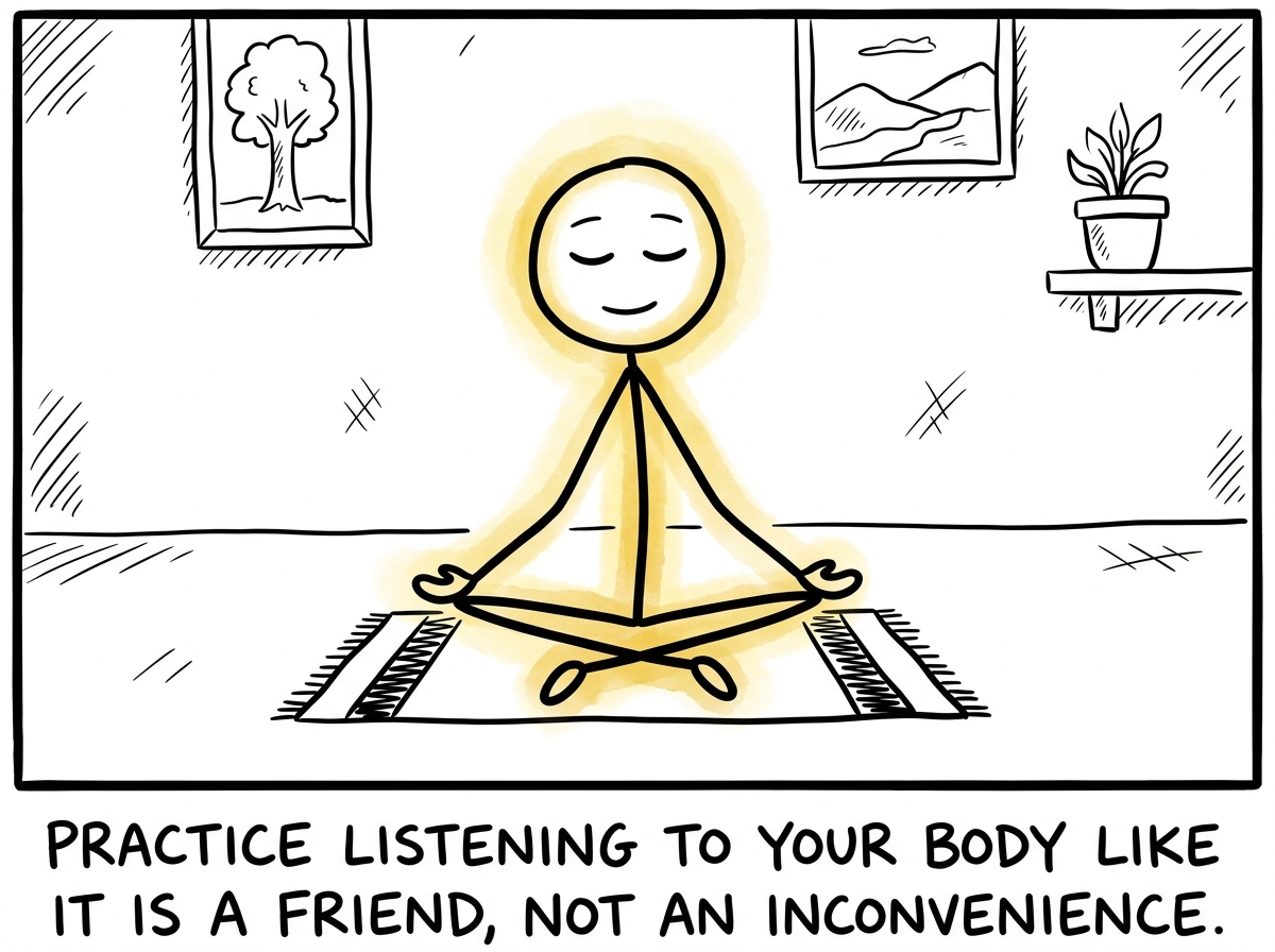 A stick figure sitting quietly, eyes closed, scanning their body from head to toe, a gentle glow following their attention.