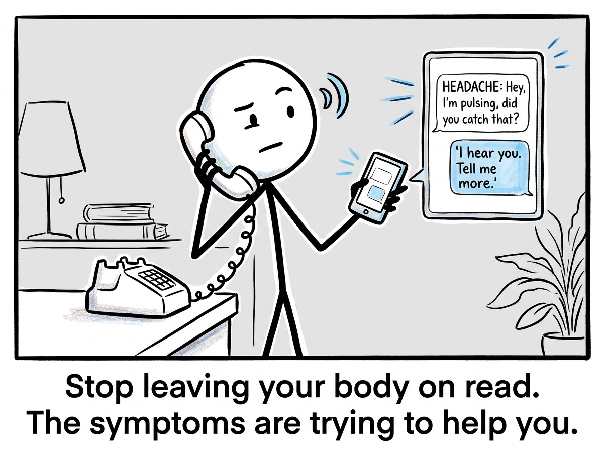 A stick figure picking up the phone and reading the body's messages, replying 'I hear you. Tell me more.'